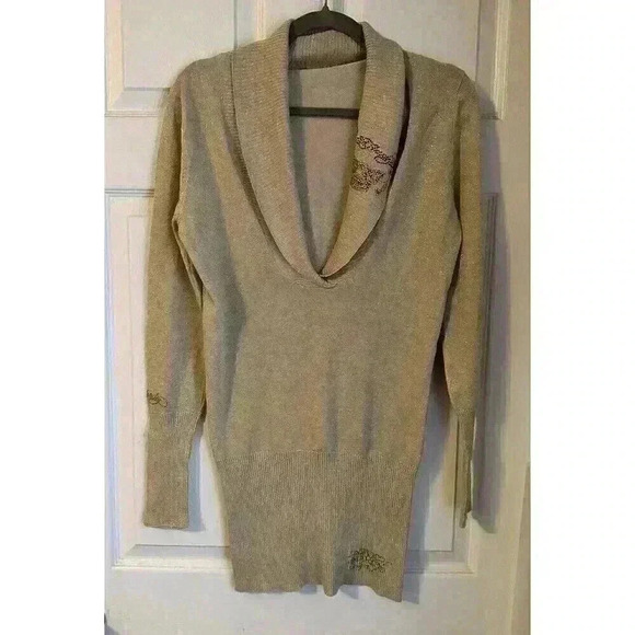 Vintage Y2K Ed Hardy V Neck Long Sleeve Top Sweater Skeleton Embellished Bling - Picture 2 of 8